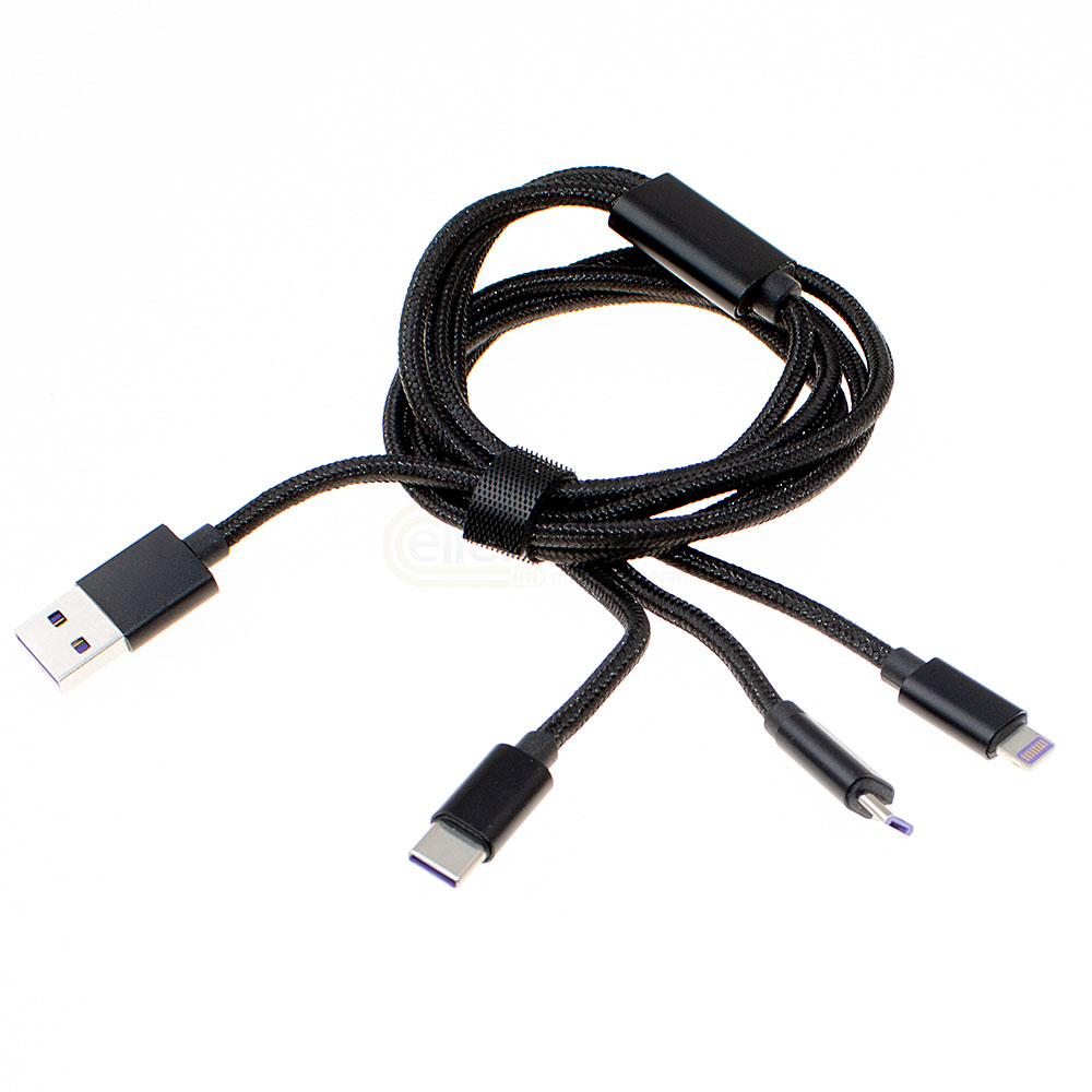 Datenkabel 3in1 für iPhone - Micro-USB - USB-C - 1M - Nylonmantel silber