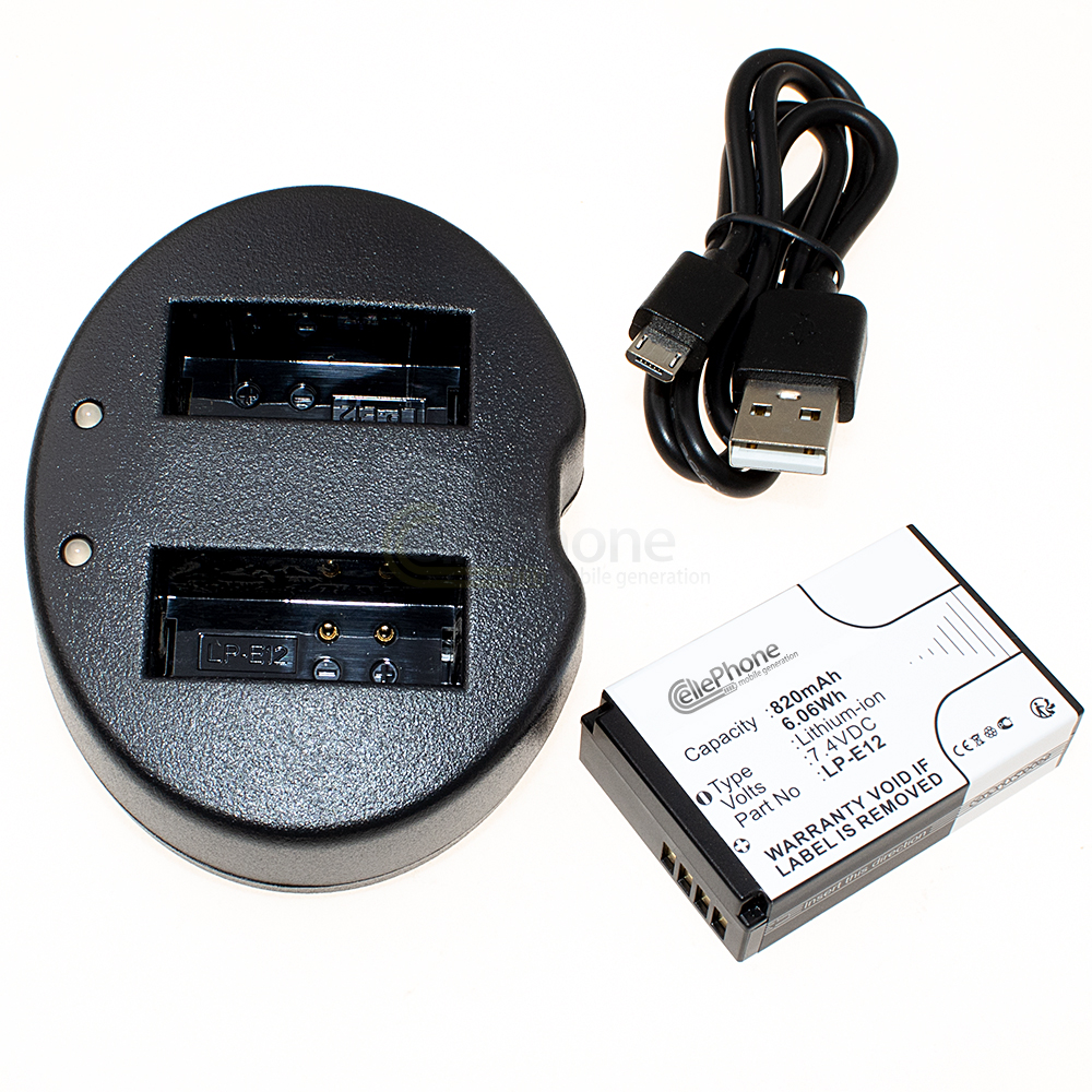 [8704] Estación de carga de baterías Batería Dual + Li-Ion (820mAh) para Canon LC-E12 LP-E12