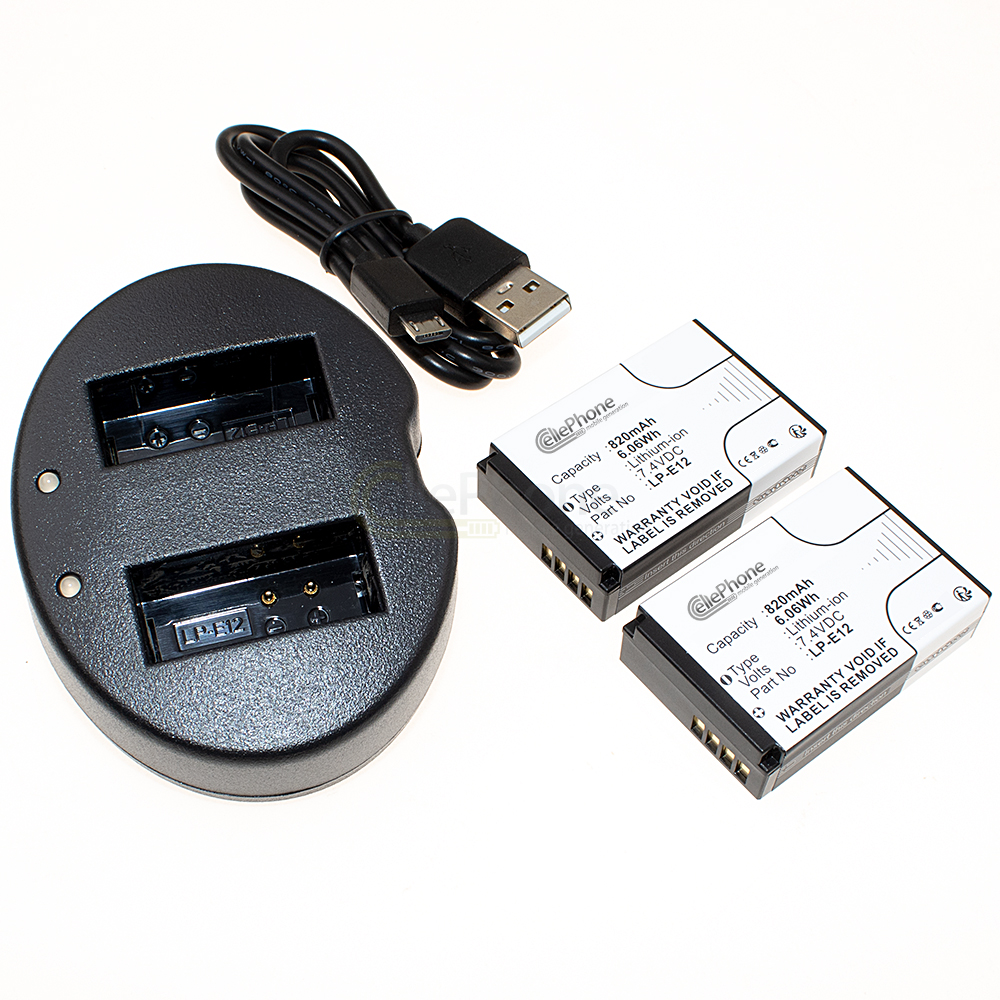 Chargeur de batterie double + 2x Li-Ion Batterie (820mAh) pour Canon LC-E12 LP-E12