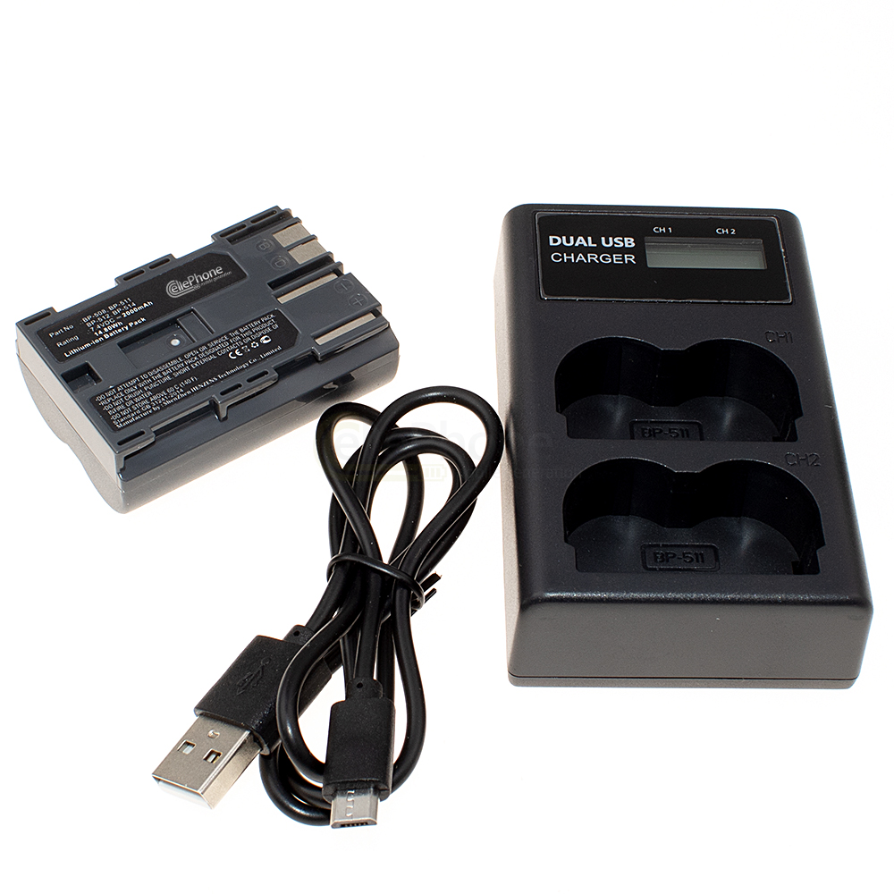 stazione di ricarica doppia + Li-Ion batteria (2000mAh) per Canon BP-508 511 511A 512 514 - CB-5L