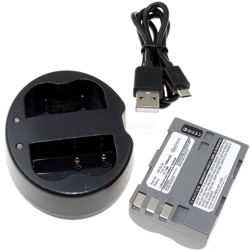 [8713] stazione di ricarica doppia + Li-Ion batteria (1500mAh) per Nikon EN-EL3e